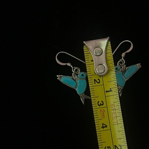 Vintage Hummingbird Turquoise and Marked 925 Sterling Silver ML Dangle Earrings - Picture 4 of 6